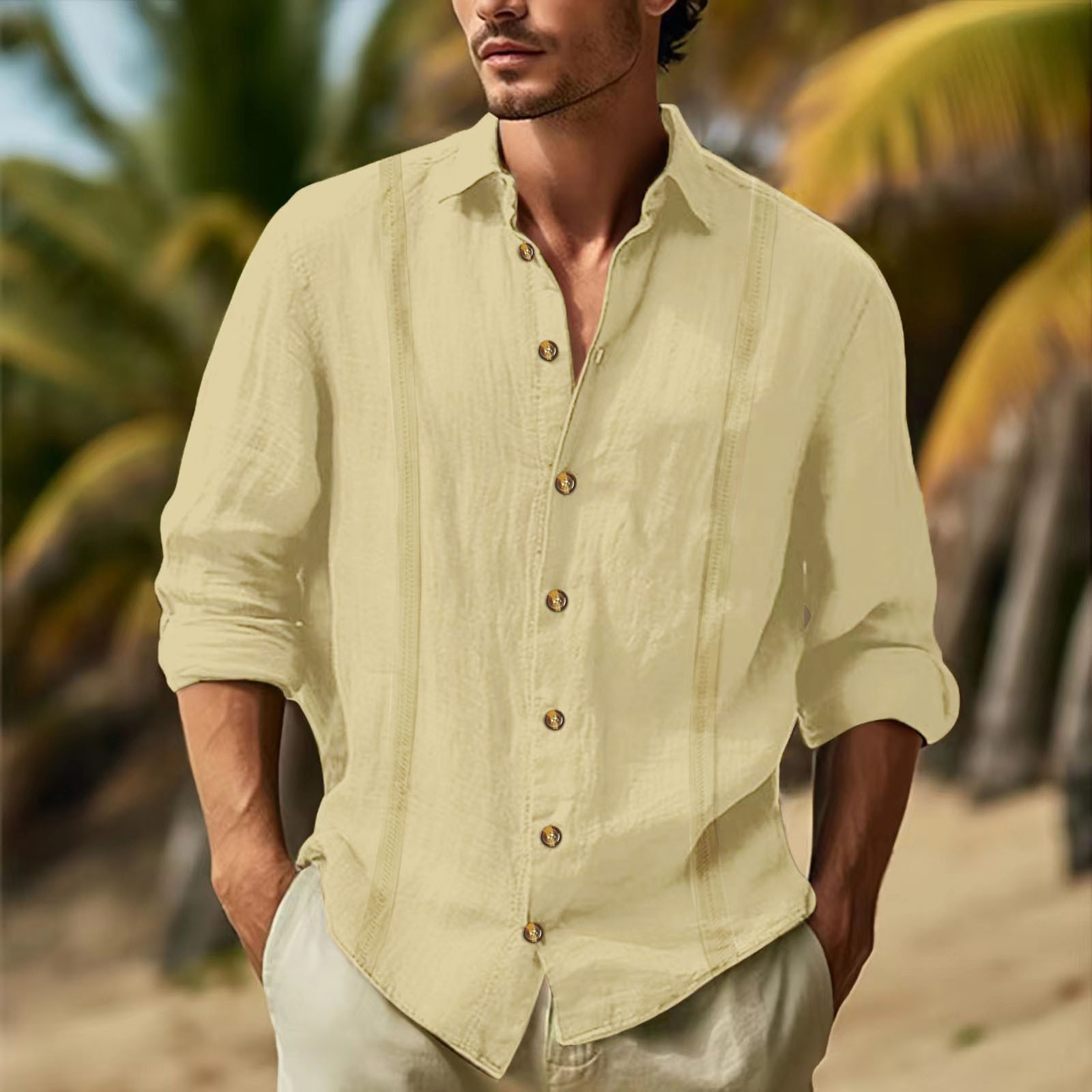 thumbnail image 3 of Camisa de manga larga con solapa y cuello de botón para hombre - Prenda informal para vacaciones, tejido de poliéster, versátil para interior y exterior - Tallas S-XXXL, 3 of 5